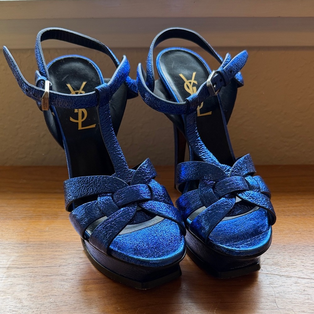 Saint Laurent Metallic Blue Braided T-Strap Platform Heels